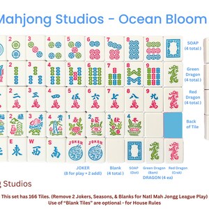 May include: A Mahjong Studios Ocean Bloom set of 166 white tiles featuring colourful engraved designs including dots, bams, craks, flowers, winds, dragons, jokers, seasons, and blanks. The tiles display blue, green, and red ink illustrations and text.