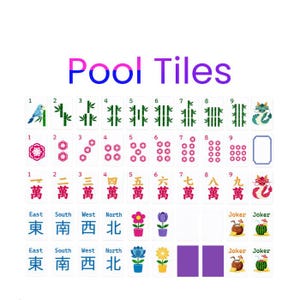 May include: A set of rectangular Mahjong tiles labeled Pool Tiles, featuring bamboo, flower, and character designs in green, pink, and blue. The collection includes numbered tiles, directional markers, floral illustrations, and Joker tiles with tropical drink graphics.