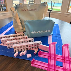 American Mahjong Tile Set: 2-Color Blue 166-Tile Collection with Mat & Green Bag Pink Racks