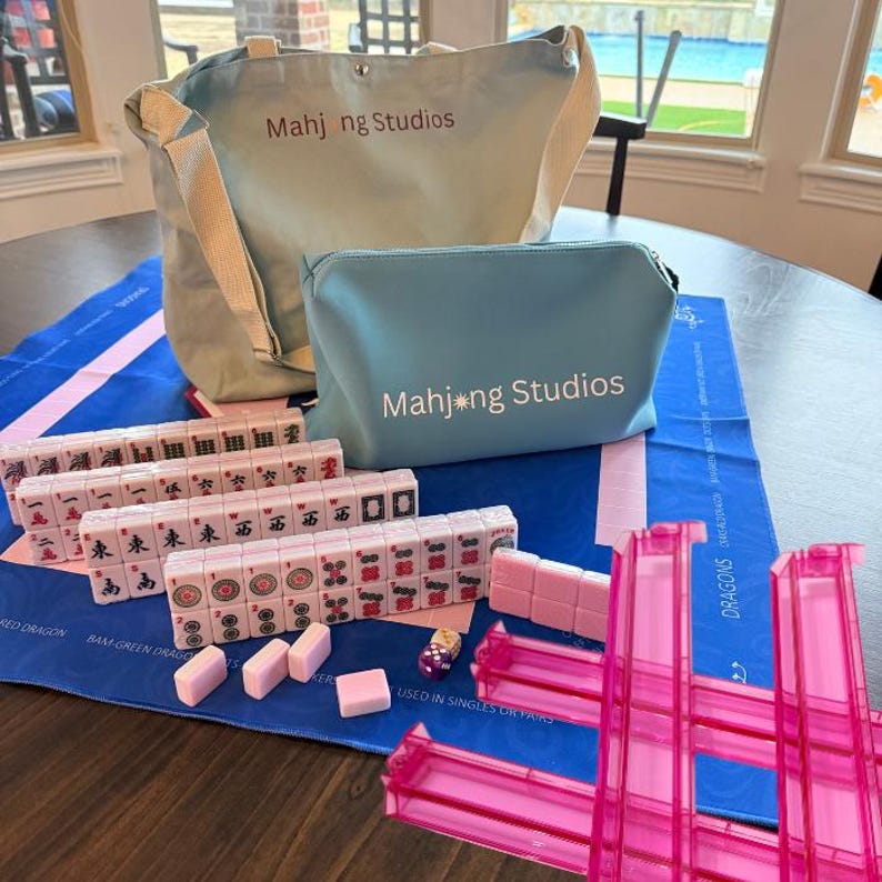American Mahjong Tile Set: 2-Color Blue 166-Tile Collection with Mat & Green Bag Pink Racks