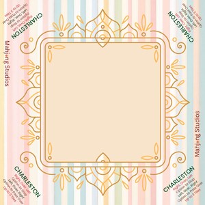 May include: A decorative square frame with a gold filigree design and the word "CHARLESTON" in green. The background features vertical stripes in pastel colors. The text "Mahjong Studios" is also present.