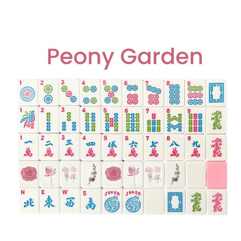 May include: A set of white Mahjong tiles with various symbols, numbers, and Chinese characters. The tiles feature red, green, and blue accents, with the text "Peony Garden" in pink at the top. Includes joker tiles and flower tiles.
