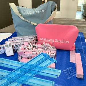 American Mahjong Tile Set: 2 Layer Blush Pink, Blue Mat & Bag Bundle Bright Blue Racks