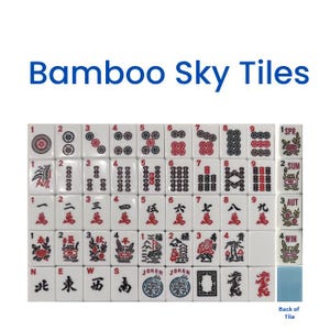 May include: A set of white Mahjong tiles with red and black markings, featuring numbers, symbols, and Chinese characters. The text "Bamboo Sky Tiles" is displayed above the tiles.