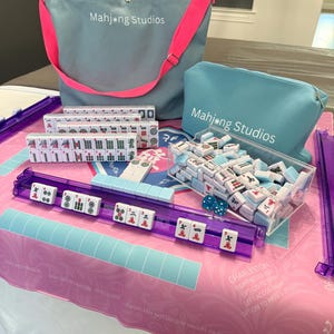 American Mahjong Tile Set: 2-Color Blue 166-Tile Collection with Pink Mat & Bags (Rack Optional) Purple Racks