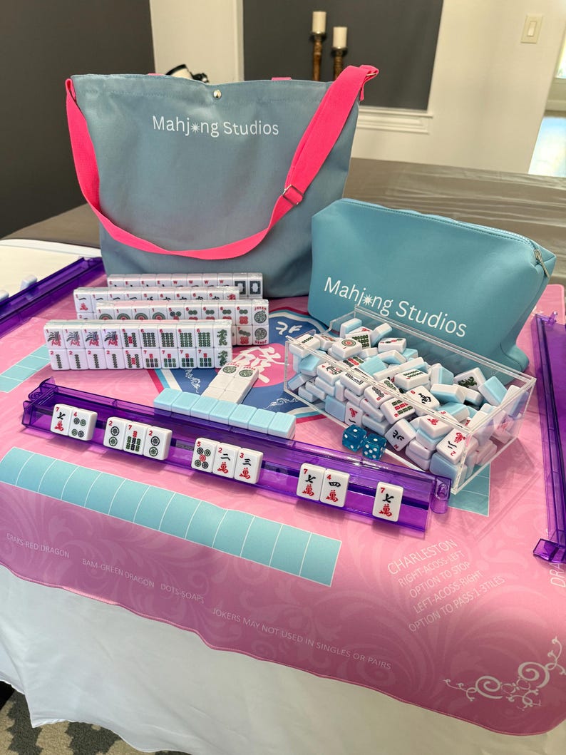 American Mahjong Tile Set: 2-Color Blue 166-Tile Collection with Pink Mat & Bags (Rack Optional) Purple Racks