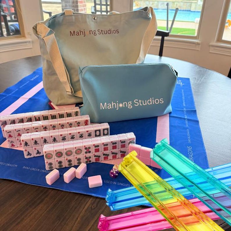 American Mahjong Tile Set: 2-Color Blue 166-Tile Collection with Mat & Green Bag Bright Multi Racks