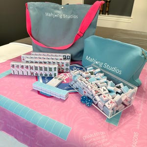 American Mahjong Tile Set: 2-Color Blue 166-Tile Collection with Pink Mat & Bags (Rack Optional) NO Racks