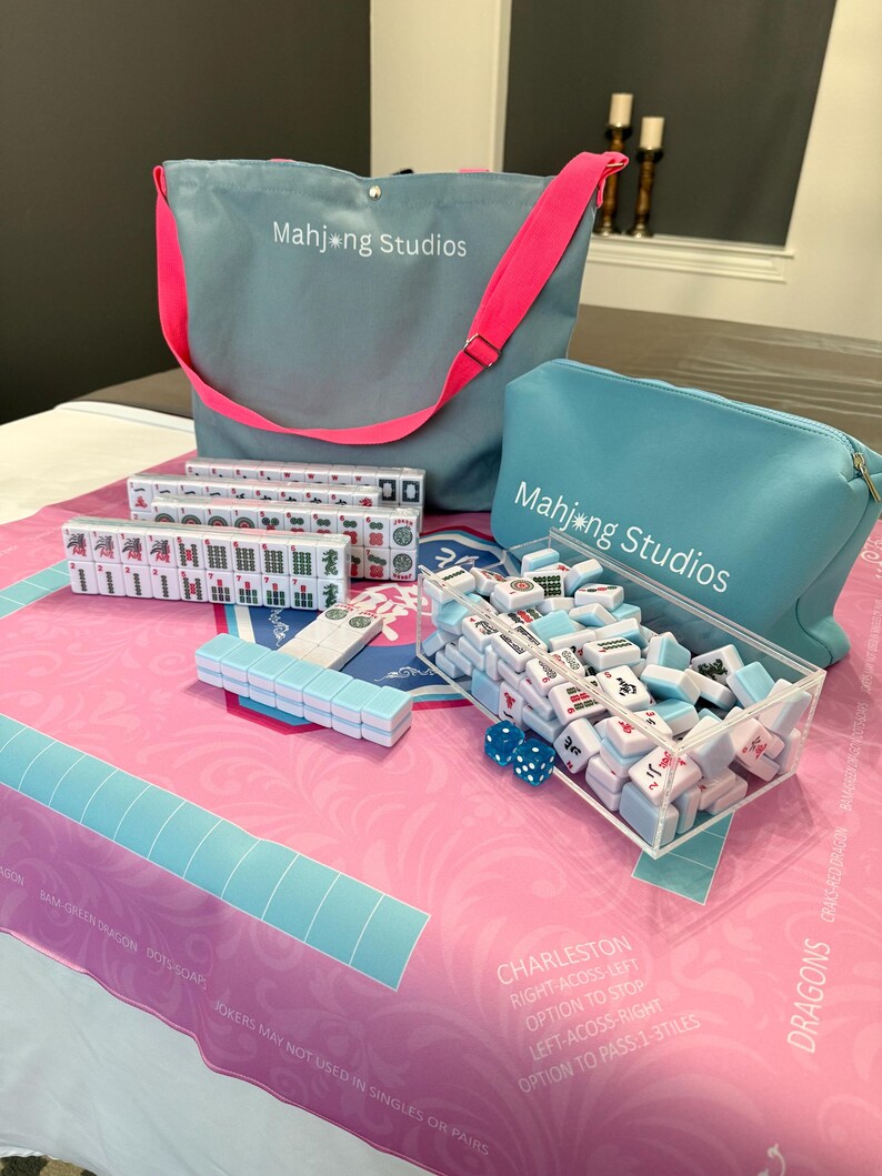 American Mahjong Tile Set: 2-Color Blue 166-Tile Collection with Pink Mat & Bags (Rack Optional) NO Racks
