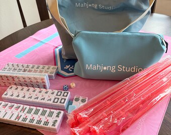 American Mahjong Tile Set: 2-Color Blue 166-Tile Collection with Pink Mat & Blue / Tan Bag