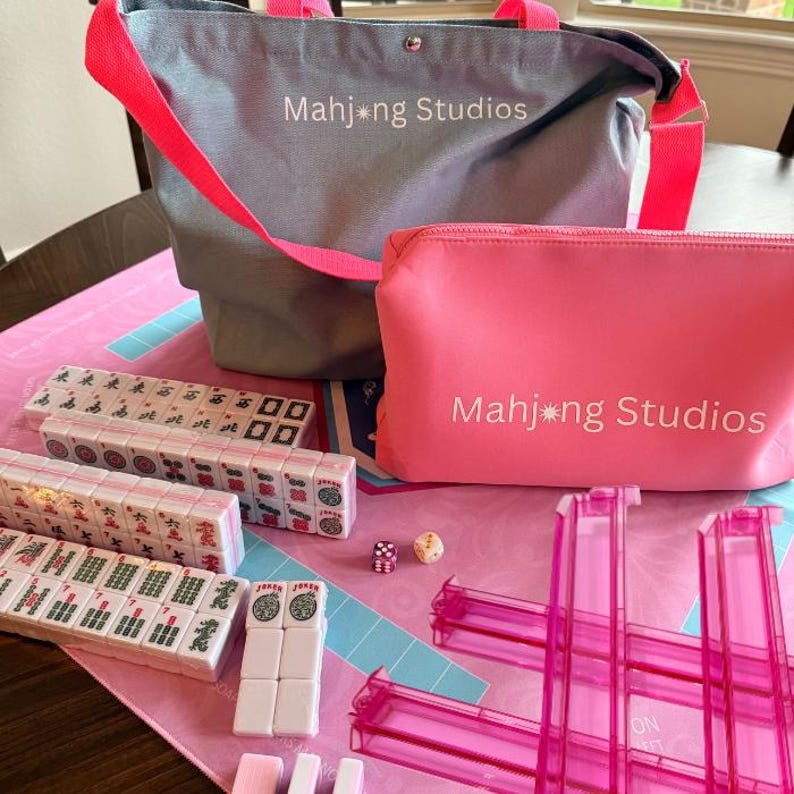 American Mahjong Tile Set: 2-Color Pink 166-Tile Collection with Mat & Bags (Rack Optional) Pink Racks