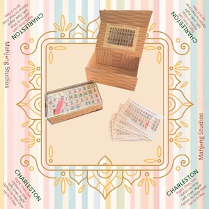 May include: A Mahjong set with a wooden box, tiles, and cards. The box is open, revealing the tiles and a printed guide. The tiles are in a clear plastic case. The cards have printed text. The background has a decorative floral design.