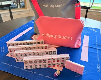 American Mahjong Tile Set: 2-Color Pink 166-Tile Collection with Blue Mat & Bags (Rack Optional)
