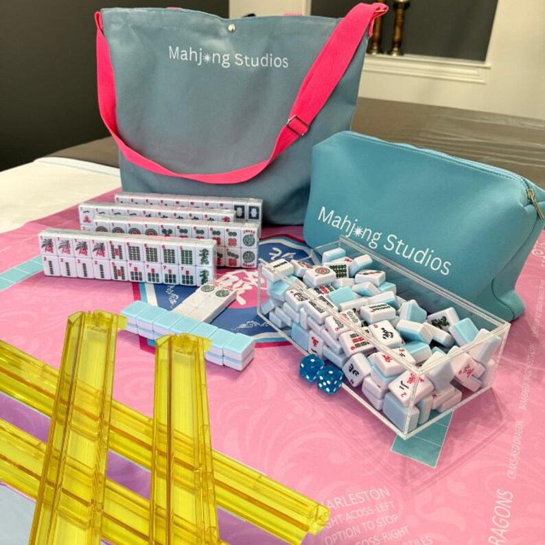 American Mahjong Tile Set: 2-Color Blue 166-Tile Collection with Pink Mat & Bags (Rack Optional) Yellow Racks