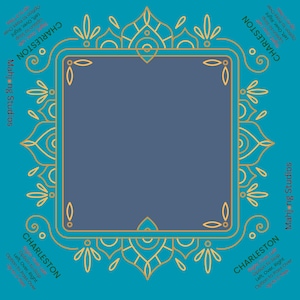 May include: A teal and navy blue square design with gold filigree and the word "CHARLESTON" in white text. The design includes the text "Mahjong Studios" and game instructions.