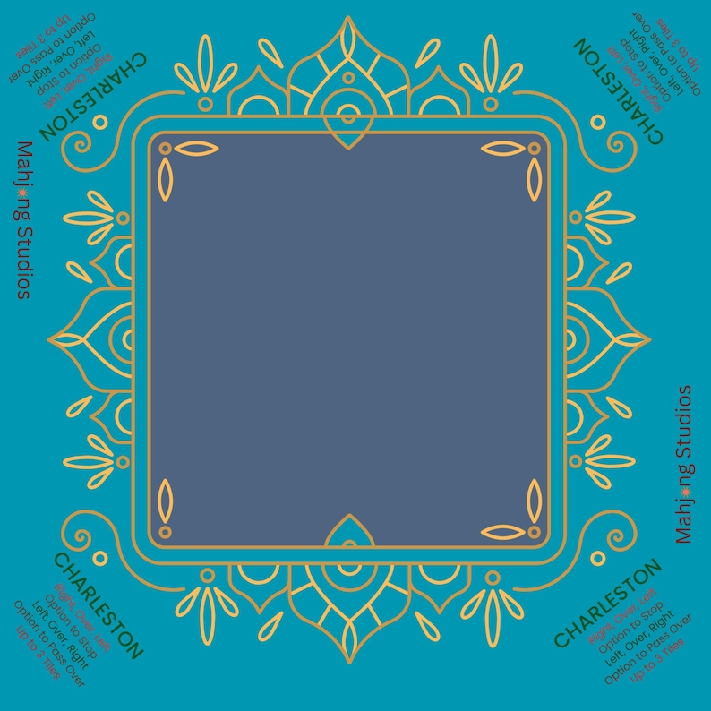 May include: A teal and navy blue square design with gold filigree and the word "CHARLESTON" in white text. The design includes the text "Mahjong Studios" and game instructions.