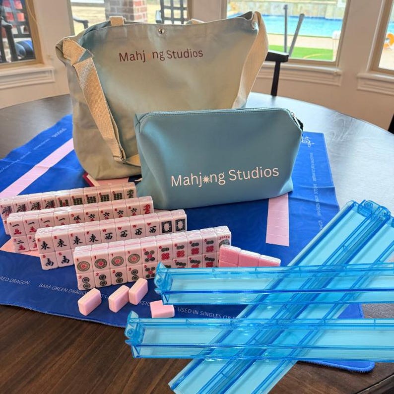 American Mahjong Tile Set: 2-Color Blue 166-Tile Collection with Mat & Green Bag Bright Blue Racks