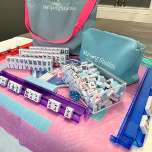 American Mahjong Tile Set: 2-Color Blue 166-Tile Collection with Pink Mat & Bags (Rack Optional) Multi Colored Racks