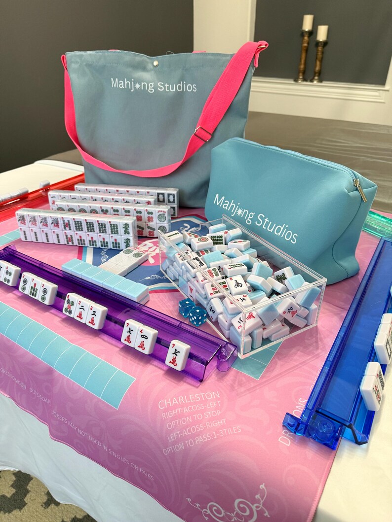 American Mahjong Tile Set: 2-Color Blue 166-Tile Collection with Pink Mat & Bags (Rack Optional) Multi Colored Racks