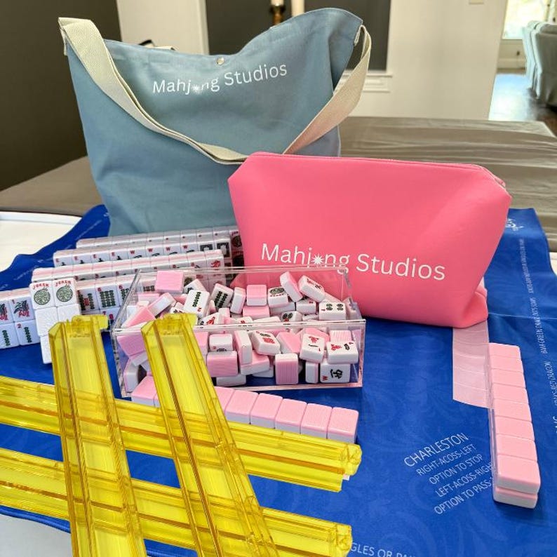 American Mahjong Tile Set: 2 Layer Blush Pink, Blue Mat & Bag Bundle Yellow Racks
