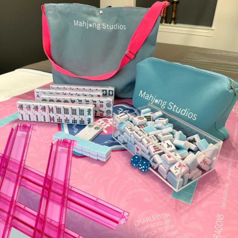 American Mahjong Tile Set: 2-Color Blue 166-Tile Collection with Pink Mat & Bags (Rack Optional) Pink Racks