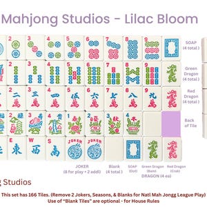 May include: A Mahjong Studios Lilac Bloom set of 166 white tiles featuring colourful engraved designs including dots, bams, craks, flowers, winds, jokers, dragons, and seasons. The tiles display blue, pink, and green ink illustrations and text.