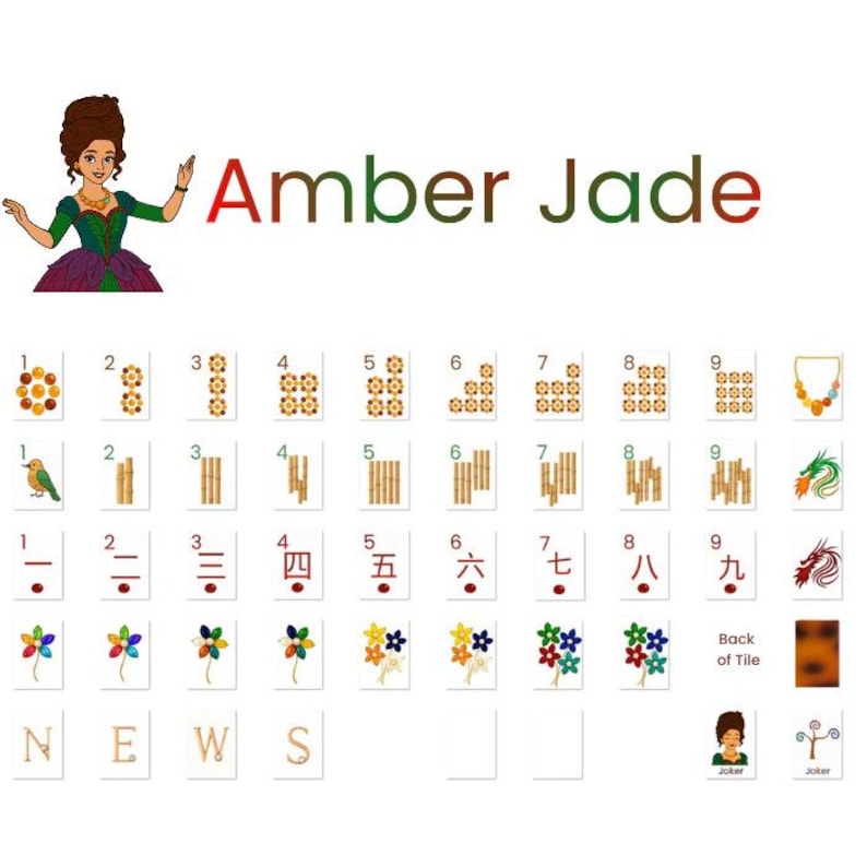 May include: A collection of Mahjong tiles with various symbols and numbers, including flower and bamboo designs. The text "Amber Jade" is displayed above the tiles, along with a cartoon illustration of a woman.