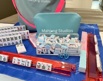 Blue American Mahjong Tile Set: 166-Tile 2 Layer Collection with Mat & Bag Bundle