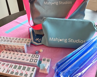 American Mahjong Tile Set: 2-Color Blue 166-Tile Collection with Pink Mat & Bags (Rack Optional)