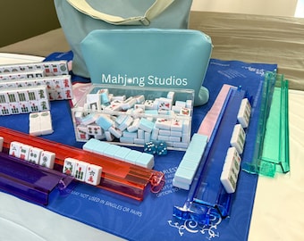 American Mahjong Tile Set: 2-Color Blue 166-Tile Collection with Mat & Blue Tan Bag
