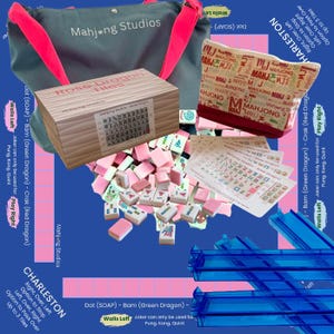 May include: A Mahjong set with pink and white tiles, a wooden box labeled "Rose Dragon Tiles", and a gray tote bag with pink straps. The set includes a zippered pouch and game instructions. The background is blue with pink accents.