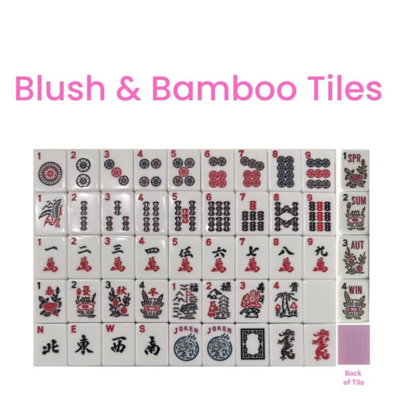 May include: A set of white Mahjong tiles with red and black markings. The tiles are arranged in rows and columns, with numbers, symbols, and Chinese characters. The text "Blush & Bamboo Tiles" is at the top.
