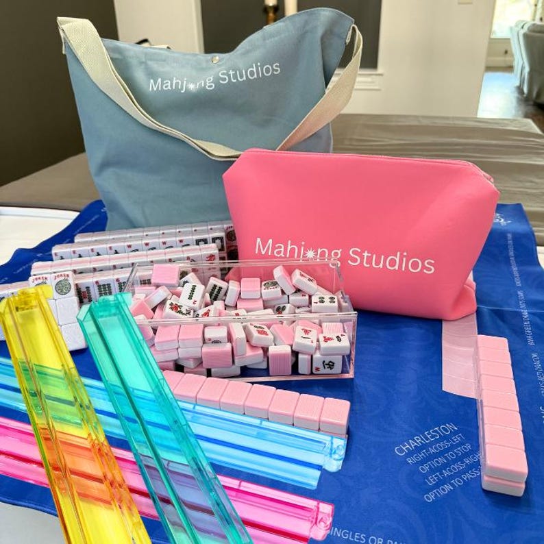 American Mahjong Tile Set: 2 Layer Blush Pink, Blue Mat & Bag Bundle Bright Multi Racks