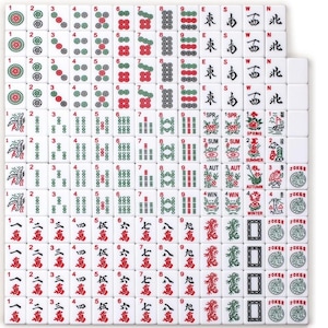 May include: A complete set of white Mahjong tiles, featuring various symbols, numbers, and Chinese characters in red, green, and black. The tiles are arranged in a grid, showcasing the different suits and special tiles.