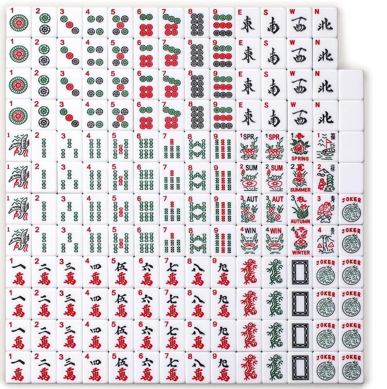 May include: A complete set of white Mahjong tiles, featuring various symbols, numbers, and Chinese characters in red, green, and black. The tiles are arranged in a grid, showcasing the different suits and special tiles.