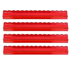 May include: A set of four long, rectangular wall shelves made of translucent red acrylic. Each shelf features a decorative scalloped top edge and a flat, horizontal base for storage, providing a uniform look for displaying small items.