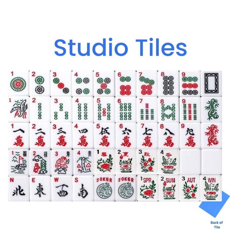 May include: A collection of white Mahjong tiles with black, red, and green symbols and characters. The tiles are arranged in rows, displaying numbers, suits, and special characters. The text "Studio Tiles" is displayed at the top.
