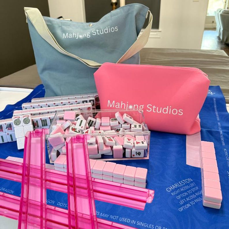 American Mahjong Tile Set: 2 Layer Blush Pink, Blue Mat & Bag Bundle Pink Racks