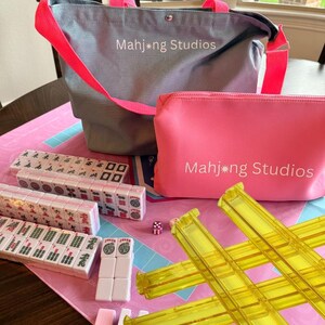 American Mahjong Tile Set: 2-Color Pink 166-Tile Collection with Mat & Bags (Rack Optional) Yellow Racks