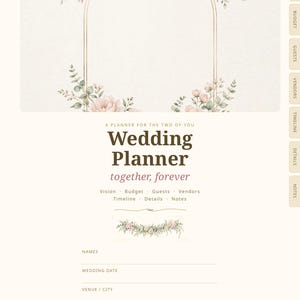 May include: A digital wedding planner page featuring a gold arch frame decorated with pink peonies and eucalyptus leaves. The text reads A PLANNER FOR THE TWO OF YOU, Wedding Planner, together, forever, and includes sections for names, date, and venue.