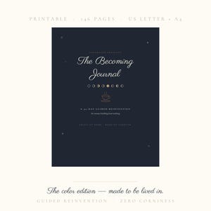 Könnte beinhalten: Ein dunkelblaues, druckbares Journal-Cover mit dem Titel The Becoming Journal, das ein 90-tägiges geführtes Neuerfindungsprogramm enthält. Das Design zeigt eine Mondphasengrafik, ein kleines Kaffeetassensymbol und den Hinweis auf 146 Seiten im A4-Format.