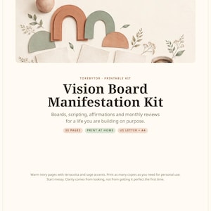 Può includere: Un kit stampabile intitolato Vision Board Manifestation Kit di Torebytor. Il documento presenta testo su bacheche, scrittura, affermazioni e revisioni mensili, con 30 pagine in formato US Letter e A4, decorate con forme ad arco color terracotta e salvia.