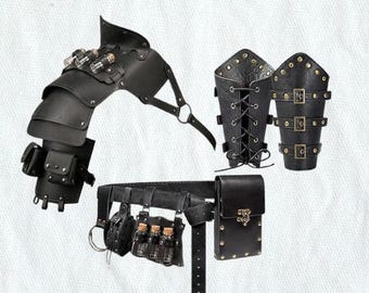 Medieval Viking Shoulder Armor with Vials & Coin Pouch, Black Leather Pauldron for Renaissance Fair, LARP Costume