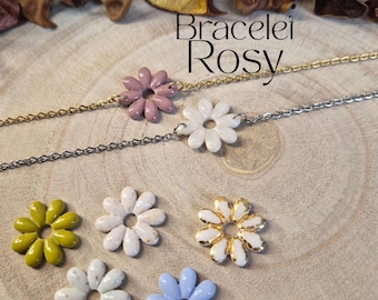 Pulsera Rosada - Flor de Margarita - Cadena de Plata o Oro - Varios Colores - Joyería Hecha a Mano - Ajustable