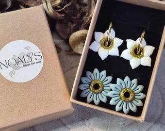 Caja de primavera - Borla de narcisos y margaritas + aro clásico - blanco o verde salvia - corazón de purpurina plateado o dorado - idea de regalo para mujer