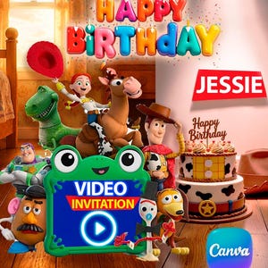 Puede incluir: Una invitación de cumpleaños digital con personajes de Toy Story como Woody, Jessie, Bullseye, Rex, Buzz Lightyear, Mr. Potato Head y Forky. El texto dice Happy Birthday, Jessie y Video Invitation con un icono de botón de reproducción.