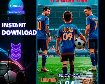 Soccer birthday invitation, Messi and Ronaldo invitation, editable Canva template for a kids' soccer invitation, printable card