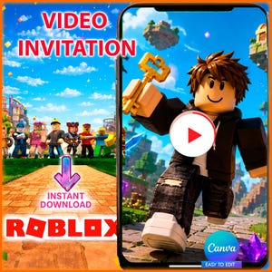 Pode incluir: Um modelo de convite de vídeo digital com gráficos temáticos do Roblox. A imagem exibe um personagem em blocos segurando uma chave dourada, um ícone de reprodução e o texto VIDEO INVITATION, INSTANT DOWNLOAD e ROBLOX em um caminho.
