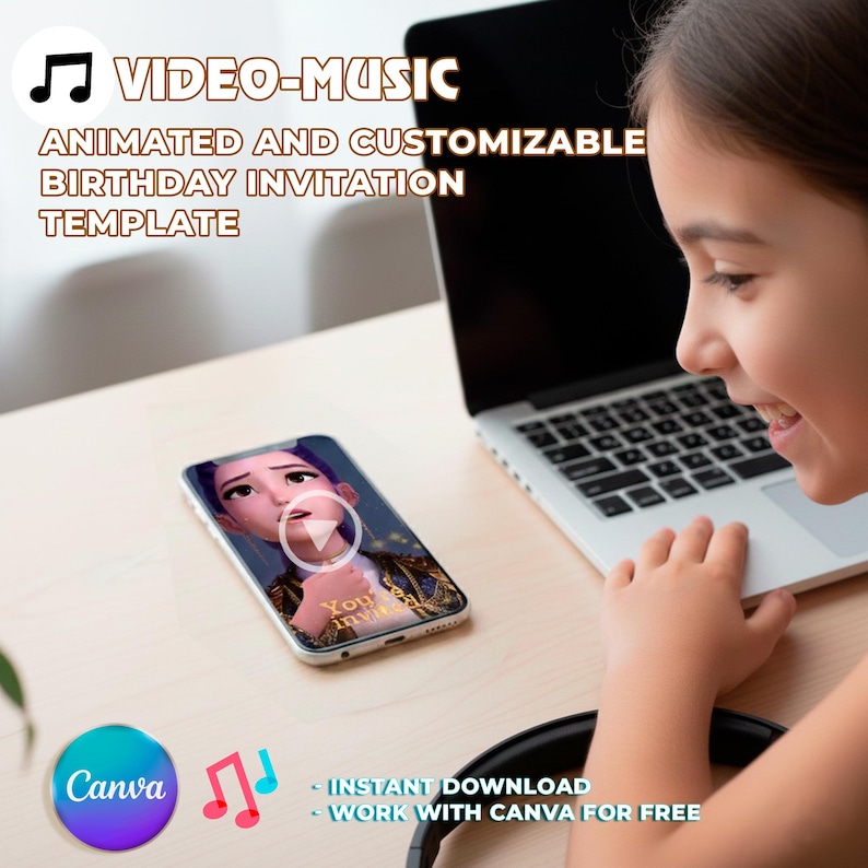 K&ouml;nnte beinhalten: Ein Smartphone zeigt eine Videoeinladung mit einer Play-Taste, neben einem Laptop. Der Text lautet "VIDEO-MUSIC, ANIMATED AND CUSTOMIZABLE BIRTHDAY INVITATION TEMPLATE". Ein Canva-Logo und Noten sind ebenfalls sichtbar.