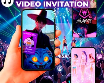 K-pop Demon Hunters Birthday Video Invitation – Editable Canva Digital Animated Mobile Party Invite -Saya boys